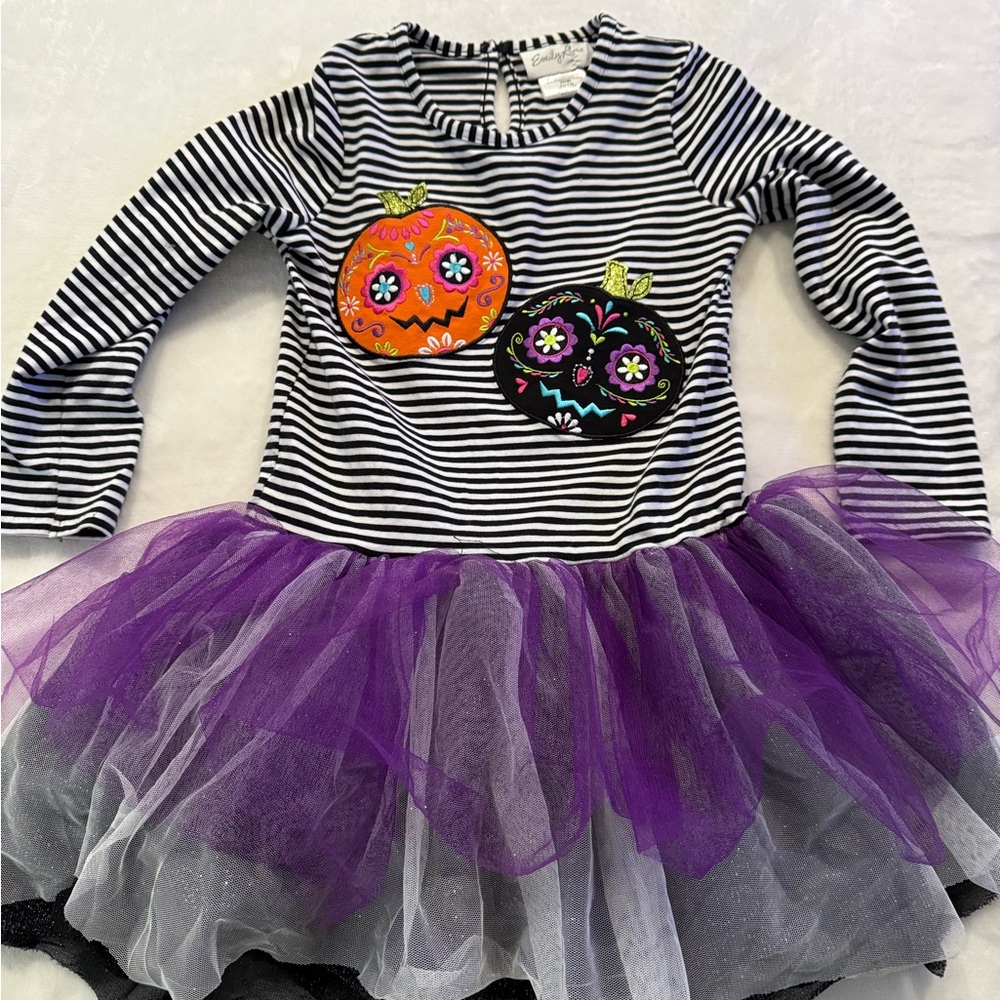 EMILY ROSE Girls Striped Sugar Skull Pumpkin Tulle Ruffle Halloween Dress Size 6